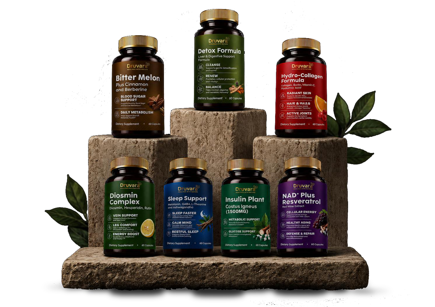 Druvara supplements displayed on natural stone