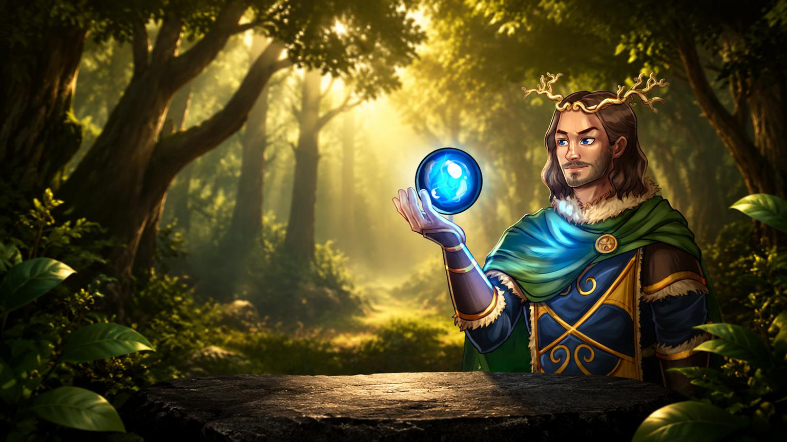 Druvara’s druid character in a sunlit forest
